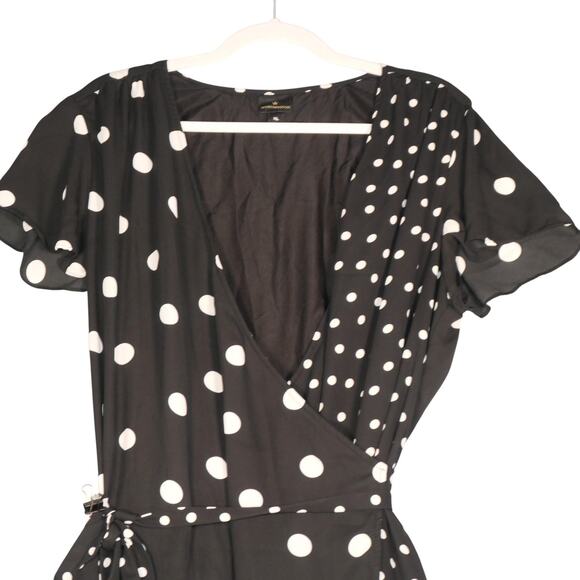 Worthington Faux Wrap Midi Dress Womens XL Black White Polka Dot V Neck High Low - Picture 3 of 16